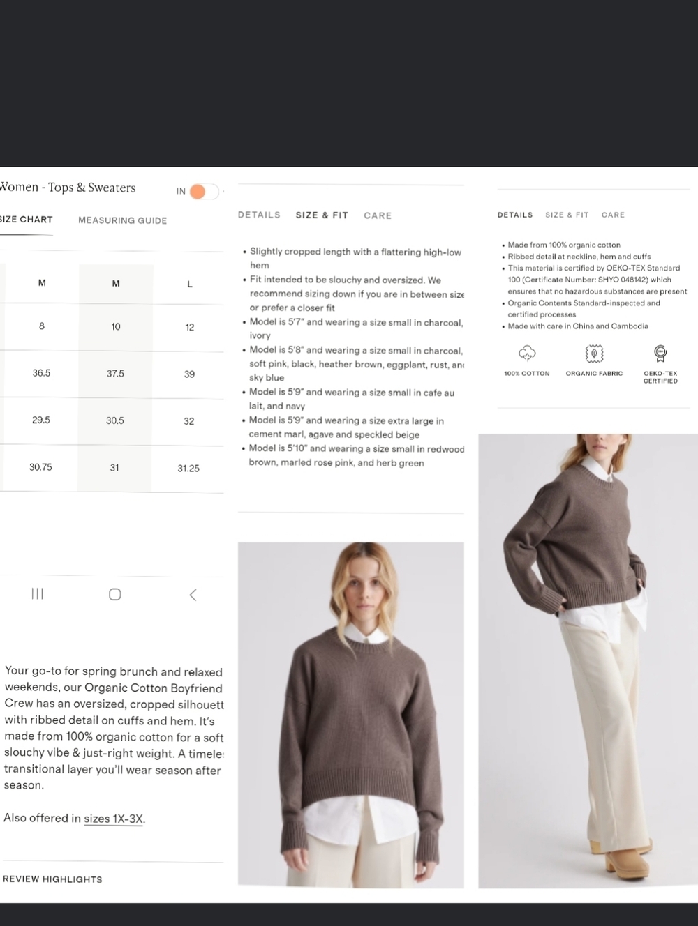 Quince Boyfriend Crew 100%Organic Cotton Sweater Heather Brown - Picture 16 of 16